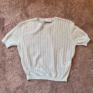 Zara soft blue lace knit short sleeve top - Extra small